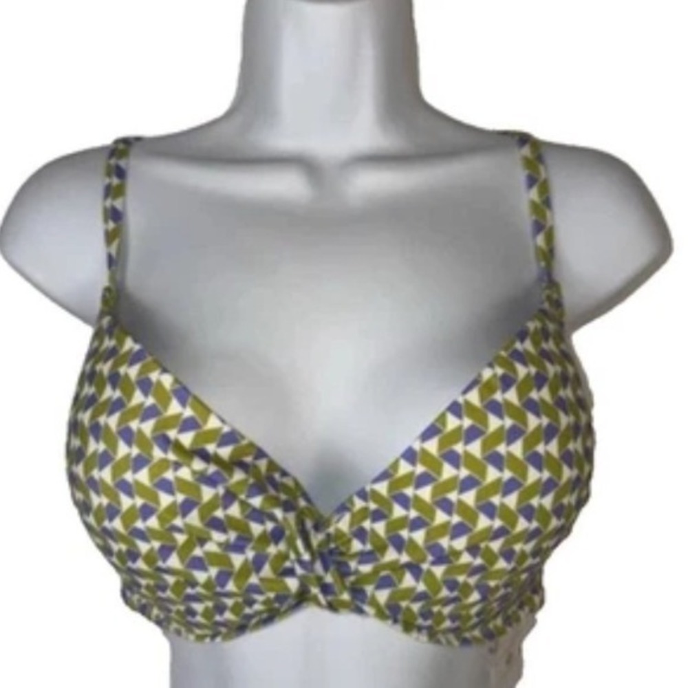 Shade & Shore‎ Bikini Top Women 34DD Green Purple Geometric Twist Front Swimwear